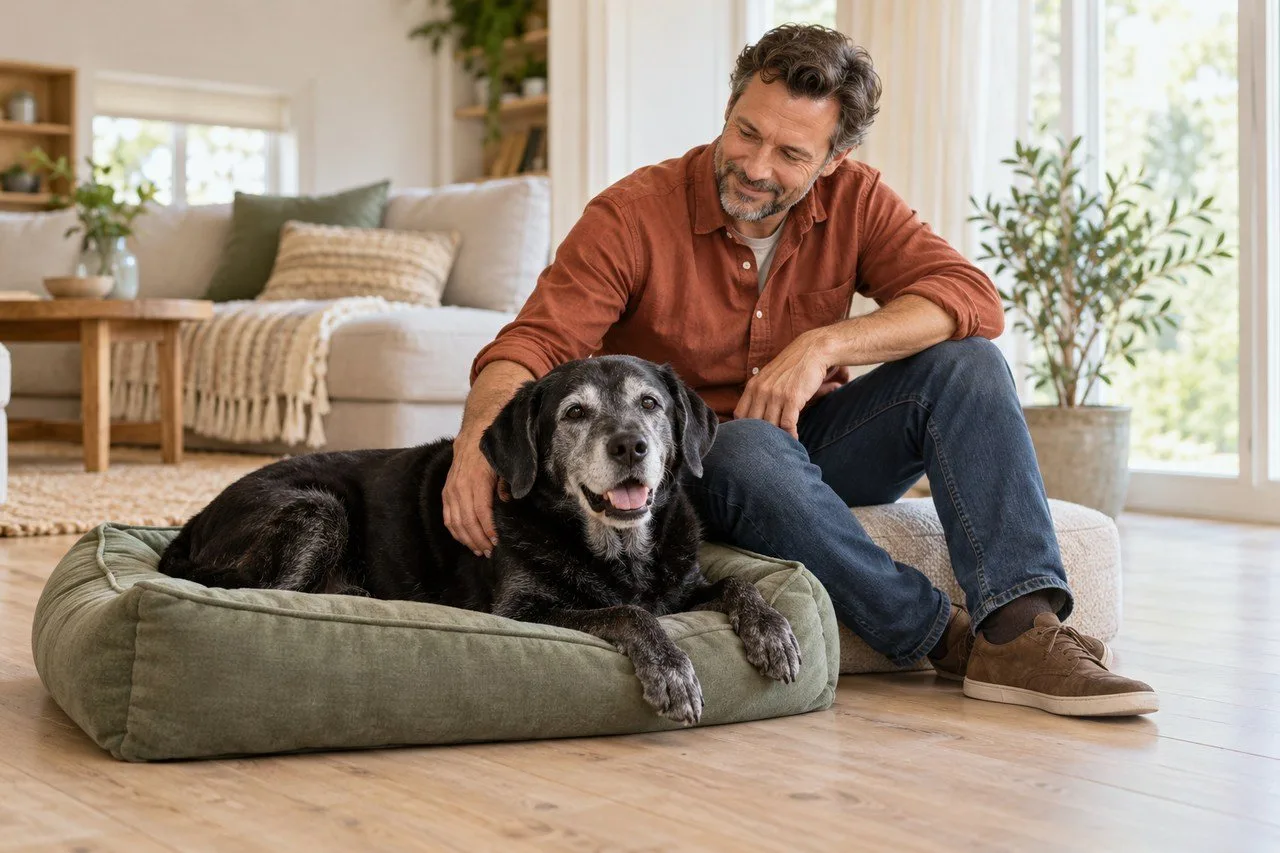 Person seated beside a dark-coated dog at home