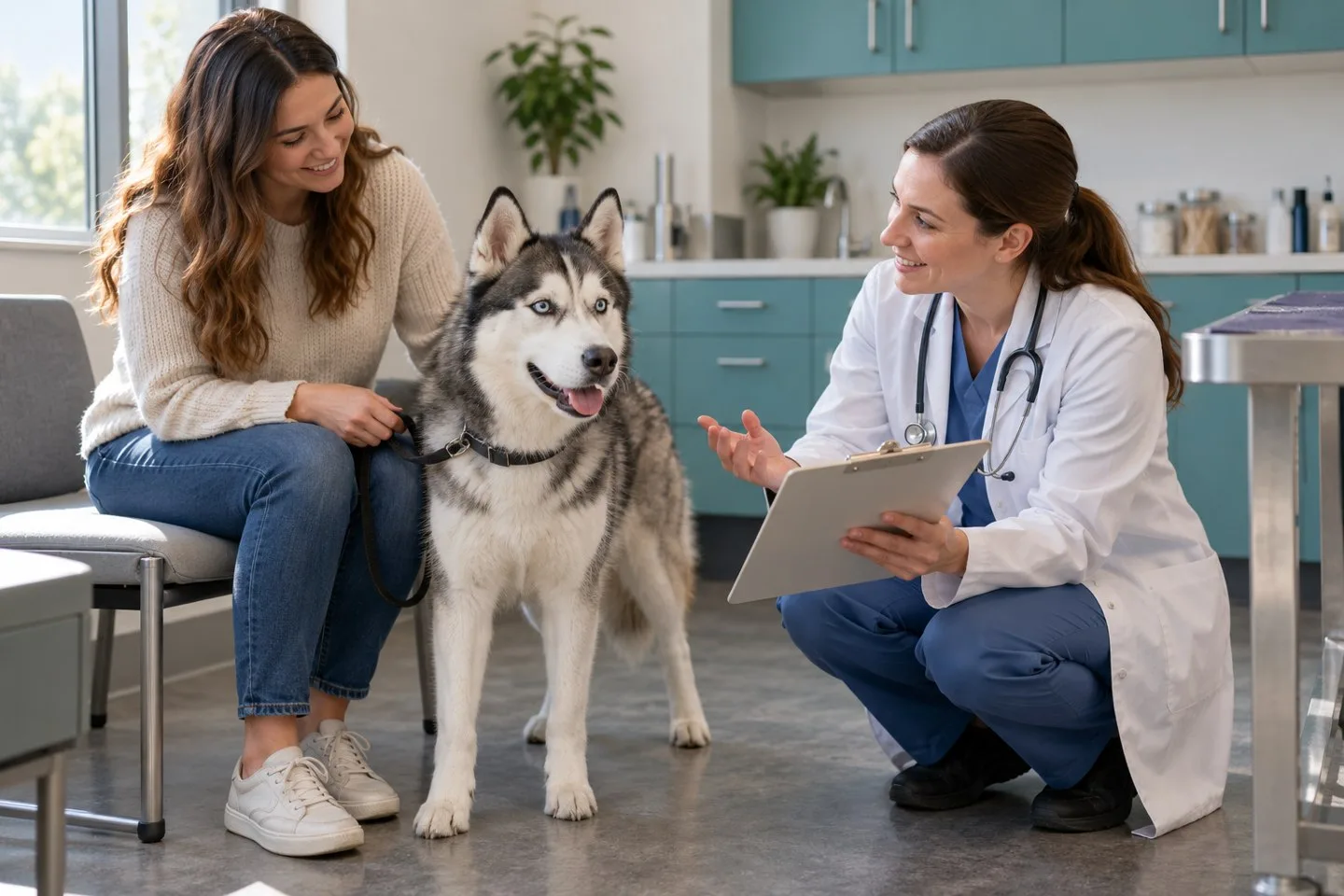 Veterinarian talking with an owner beside a gray-and-white dog